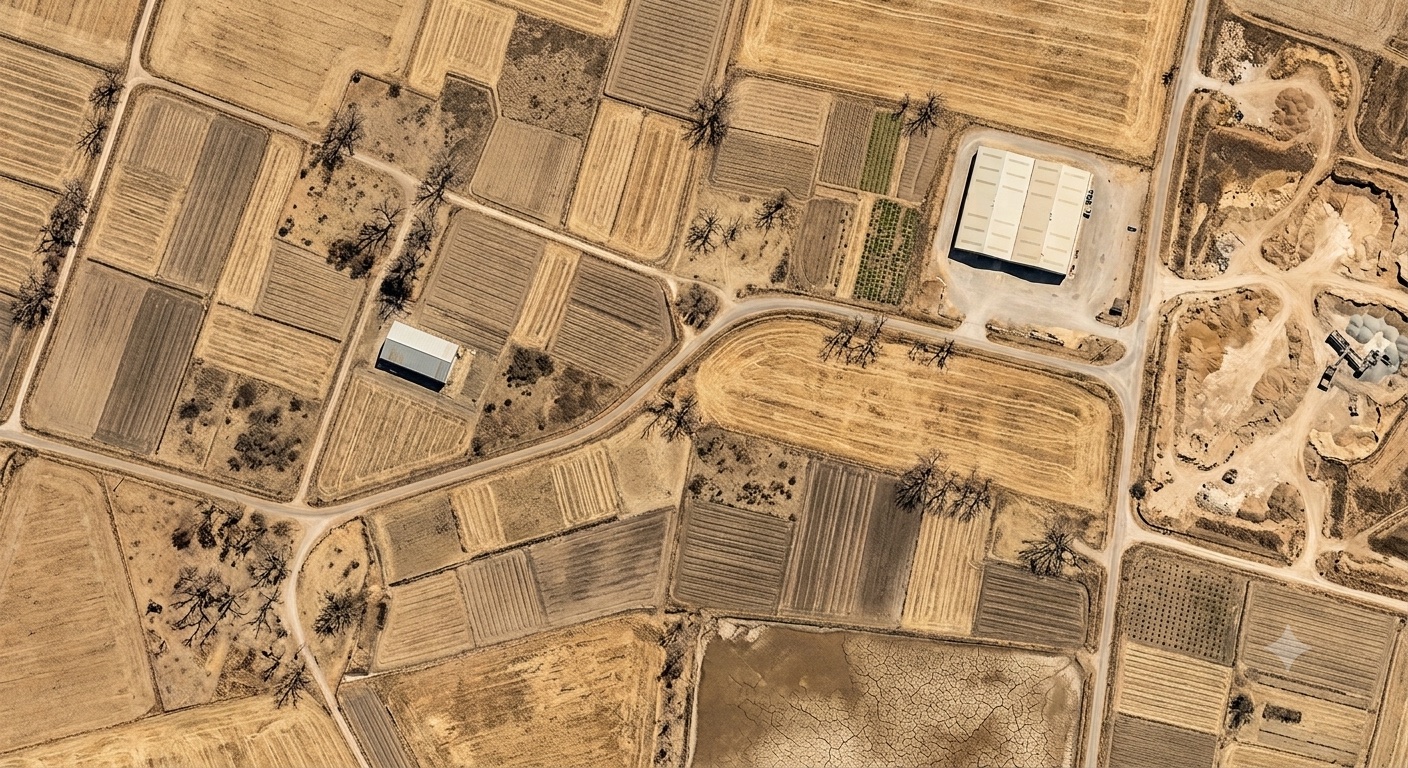 A top-down aerial view of dry land parcels traced by rural roads, with a warehouse taking shape among them.
