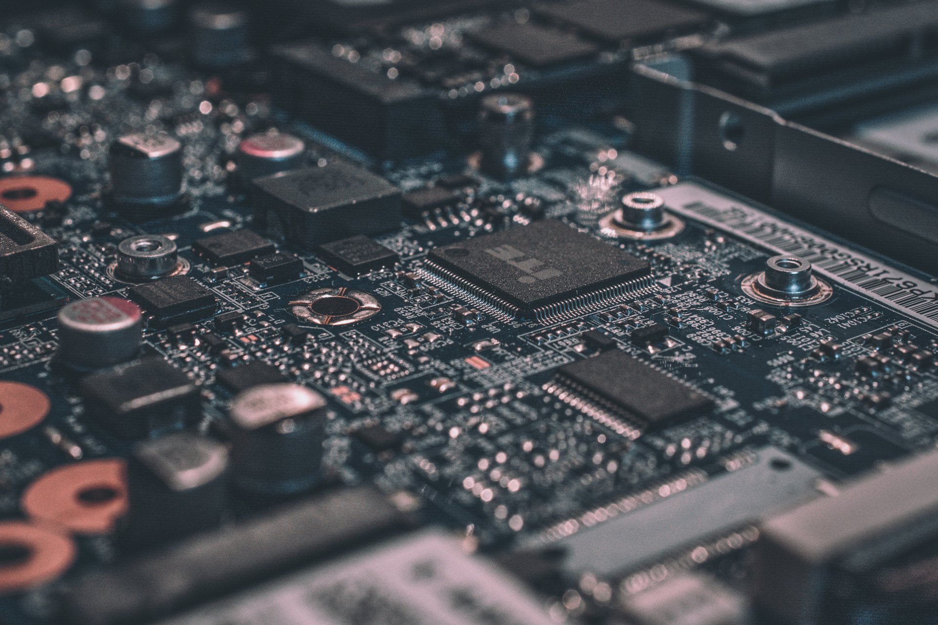 A close detail of a printed circuit board, suggesting automation and instrumentation.