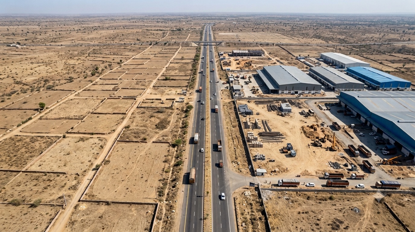 An aerial view of a highway corridor with industrial warehouses rising beside open land parcels.